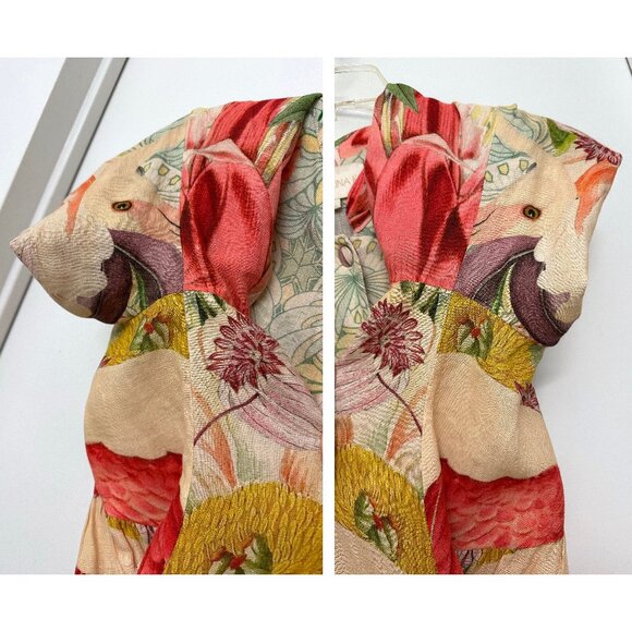 Carolina K Flamingo Bird Print Midi Shirt Dress Floral Tropical Red Linen L - Picture 13 of 13